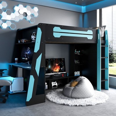 Twin Size Wood Loft Bed with Desk, Multi-storage Shelves and RGB Light, Cloud