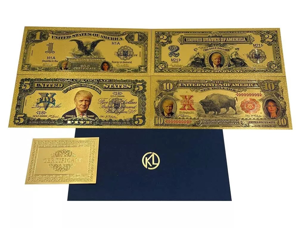 4pc Donald Trump 24K Gold Novelty Banknotes Set $1 $2 $5 $10