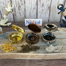 Brass Compass w/ Lid & Optional 27" Chain & Bag, Gold, Antique, Silver Finish