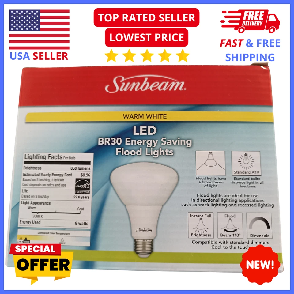 Sunbeam BR30 LED Bulbs 2-Pack – 65W Soft White Indoor Dimmable Floodlights - Image 2 of 2