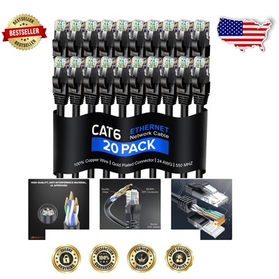 Versatile 6 Ft Cat 6 Ethernet LAN Cable - High-Speed, 20 Pack for All Devices