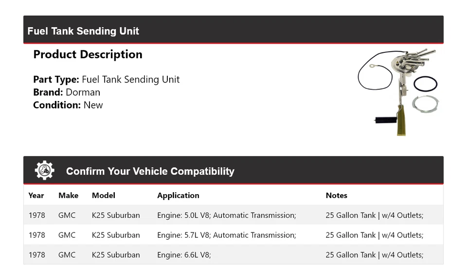 Unidad de envío de tanque de combustible GMC K25 1978 Suburban Dorman Foto 2 de 4