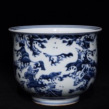 6.1" Antique ming dynasty Porcelain xuande mark Blue white seawater Dragon bowls
