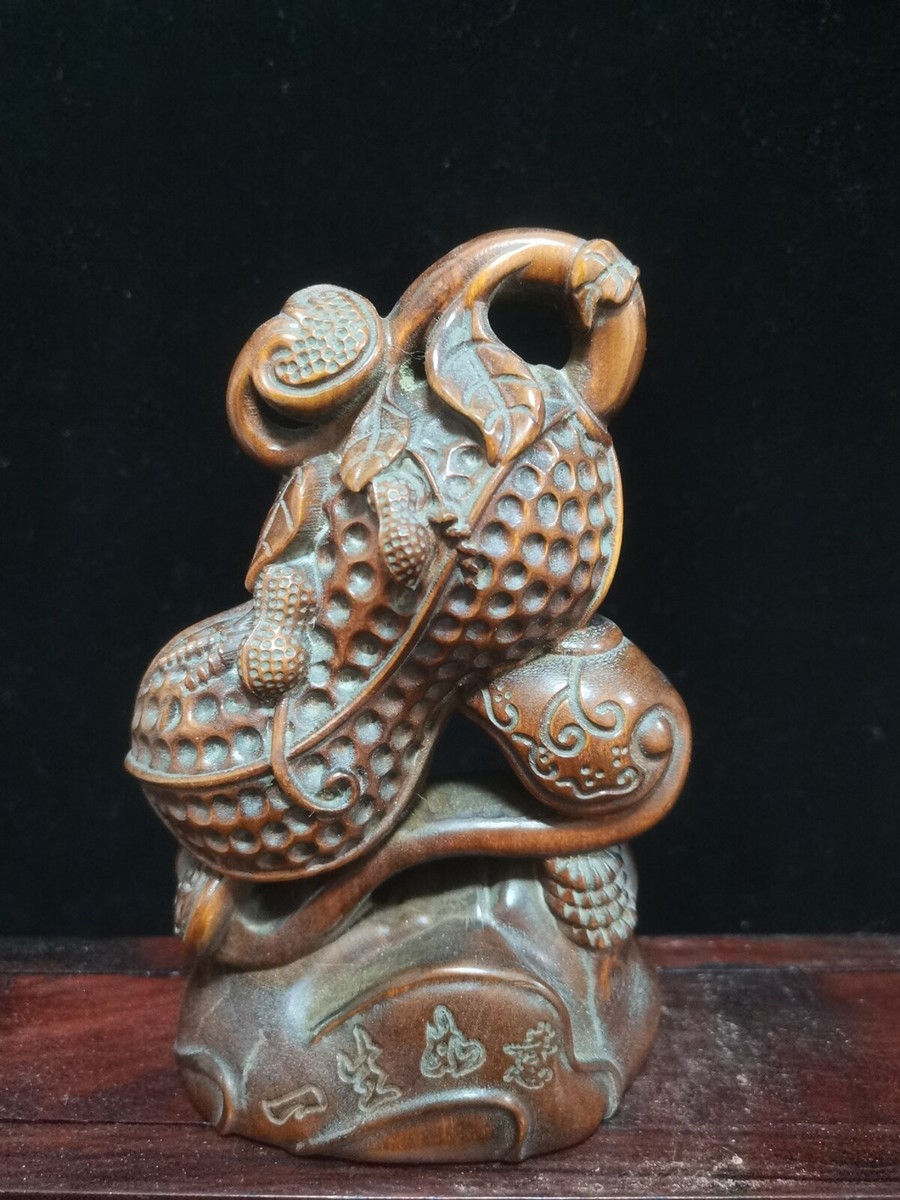 Chinese Vintage Boxwood Carved Ruyi Peanut Statue Wooden Figurine