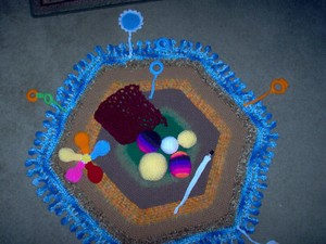 Hand crochet baby play  mat, w/ teething rings, balls & more, great gift item