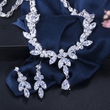 Women Cubic Zircon Leaf Necklace Earrings Silver Plated Wedding Jewelry Set Gift