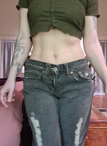 True Religion vintage distressed flare Joey jeans grey Ultra low rise 26 NWOT - Picture 14 of 15