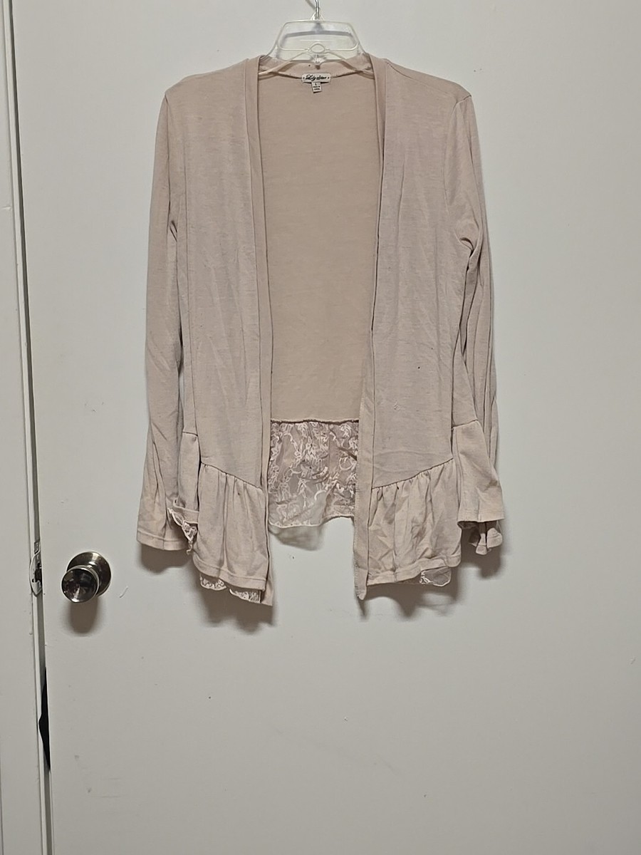 Lily Star Ivory Oatmeal Open Front Lace Trim Cardigan Sweater