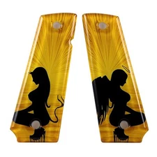 Custom 1911 Full Size Diamond Polish Ergonomic Acrylic Grips Angel & Devil Gold
