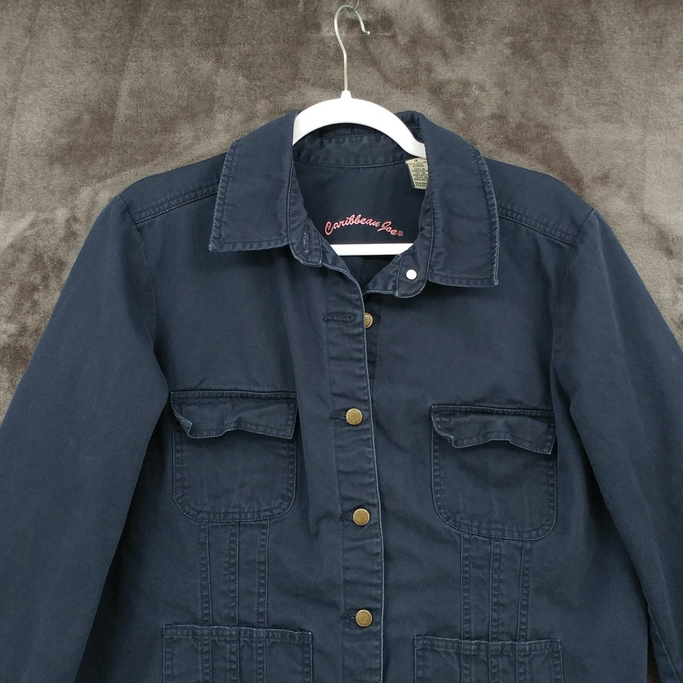 Chaqueta Caribbean Joe Para Mujer 1X Azul Marino Algodón Sarga Bolsillos Informal Abotonada Foto 2 de 4