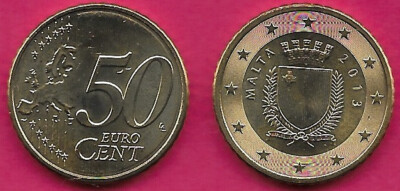 MALTA 50 EURO CENT 2013 UNC 2nd MAP,CROWNED SHIELD WITHIN WREATH