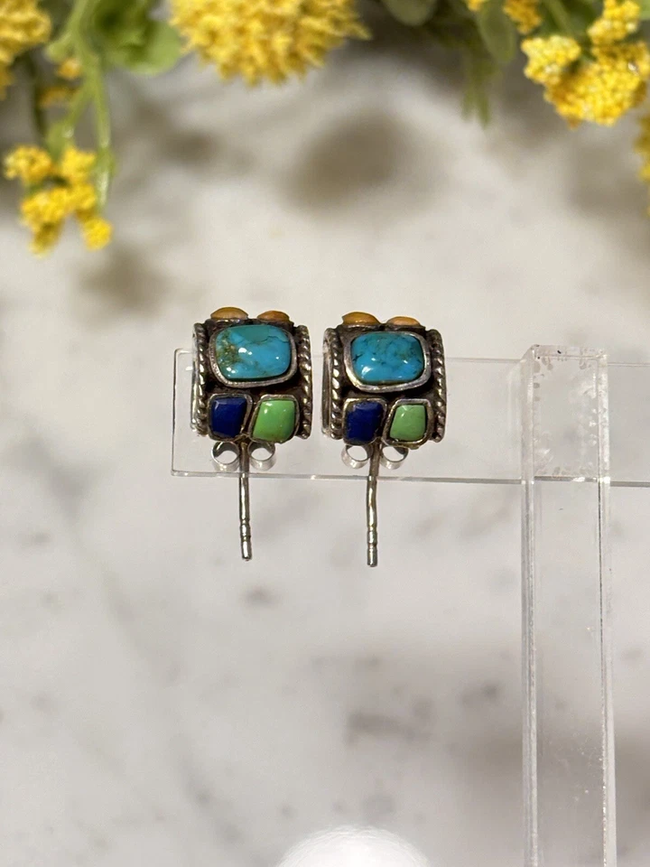 BARSE Sterling Silver 925 Multi Gem Turquoise Coral Lapis Half hoop Earrings - Image 2 of 4