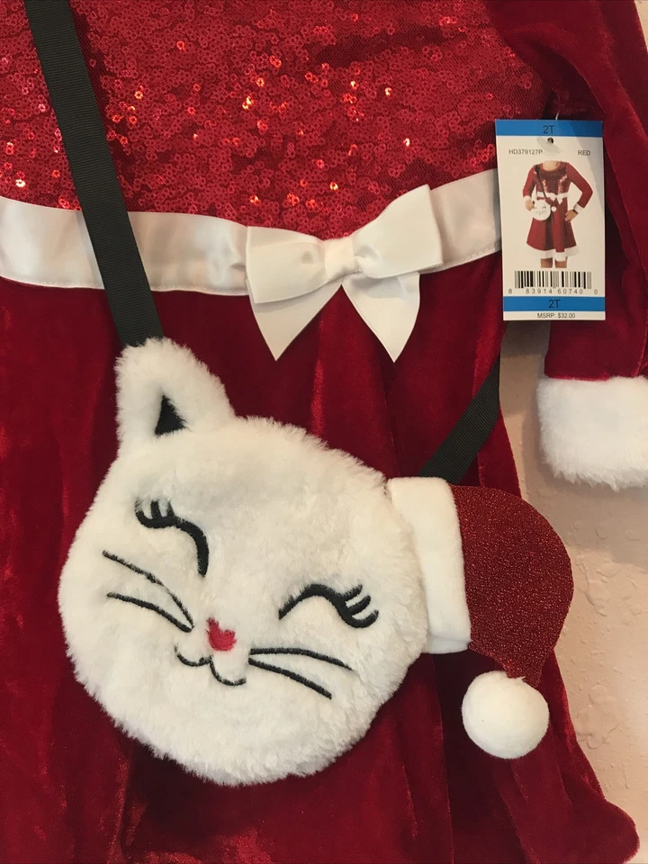 Vestido de veludo rosa e violeta feminino tamanho 2T férias com bolsa para gato, vermelho/branco - Imagem 2 de 4