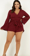 Showpo Red Plaid Long Sleeve V-Neck Playsuit One-Piece Zip, Women's 14