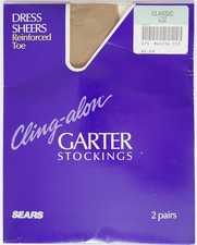 VTG NIP SEARS Cling-alon Garter Stockings Classic Size Nude 1 Pr Reinforced Toe