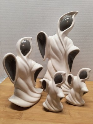 Halloween Ghost Figurines (4) Ceramic Handmade Painted Decorations VTG 1986