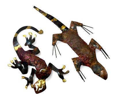 Handmade Metal Gecko Lizard Wall Art Pair Torch Cut Brass Accents