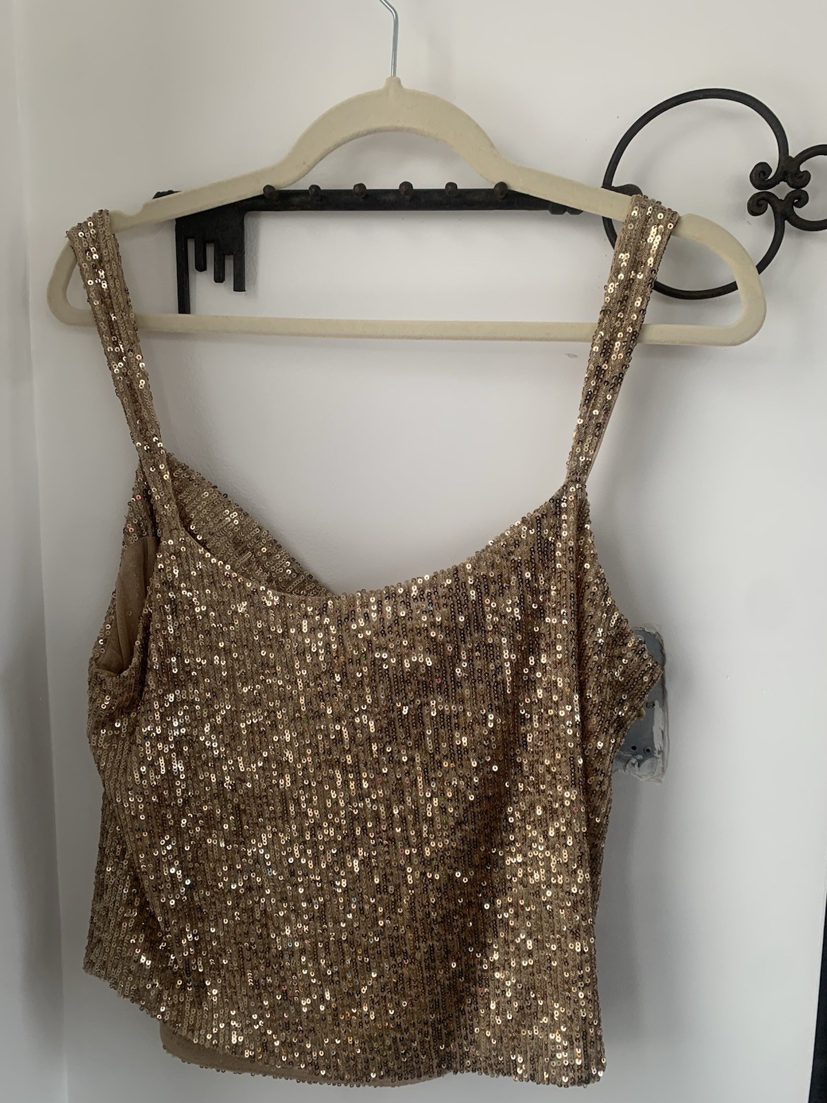 Anthropologie Gold Sequin Cowl Neck Camisole Sleeveless Tank Top Size L
