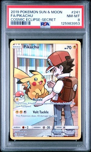 2019 POKEMON SUN & MOON COSMIC ECLIPSE SECRET #241 FULL ART/PIKACHU PSA 8