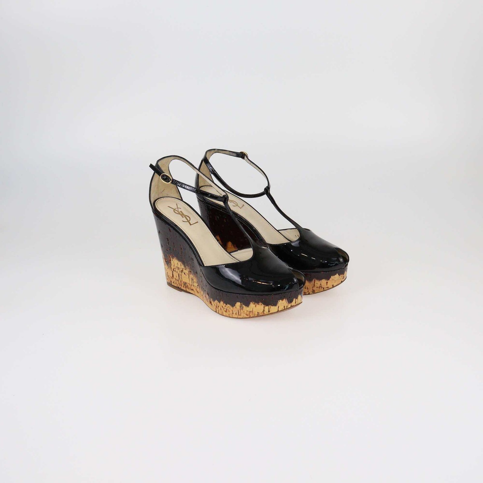 Sandali Yves Saint Laurent neri con zeppa in sughero e cinturino a T