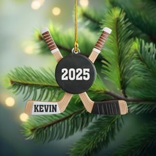Personalized Hockey Ornament 2025, Custom Name Hockey Sticks And Puck Christmas