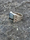 Vintage Sterling Silver Hand Stamped Picture Agate Mens Ring