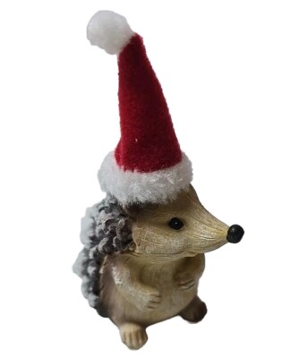 Christmas Pinecone Hedgehog Figurine With Santa Hat Resin 4'' Holiday Decorations