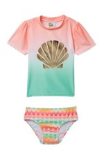 Bunz Kidz -5- Little Girls 2 Pc Rash Guard Tankini Swimsuit Set Gold Green Shell