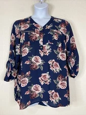 Justify Womens Plus Size 1X Blue Floral Zippered Pocket Blouse Roll Tab Sleeve
