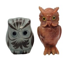 Two Owls 3.5" Coral Color Marbled Yellow Eyed Owl 3" Talavera signed Owl READ 