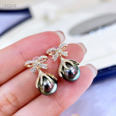 stunning  pair of  10-11mm tahitian round black green pearl dangle earring 925s