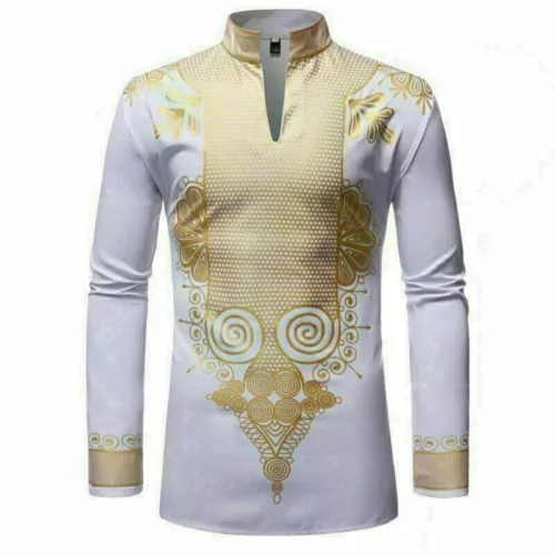 Hot Men Print Shirt African Dashiki Luxury Tribal Metallic Gold Top Blouse Shirt - Picture 13 of 17