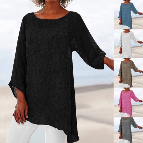 Women O Neck Irregular Hem Baggy Blouse Ladies Cotton Linen Tunic Tops Plus Size