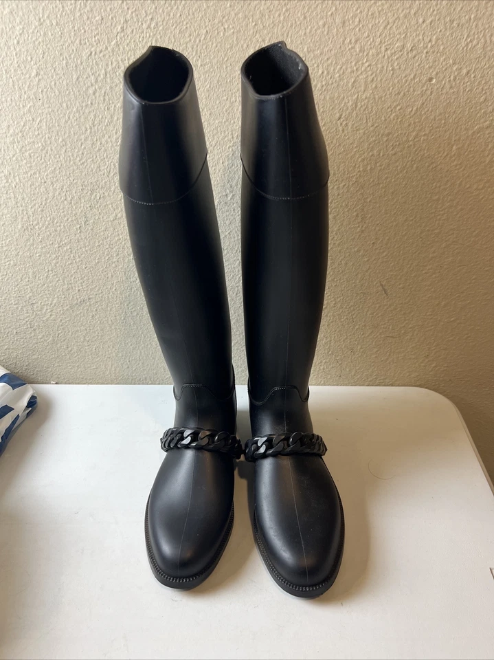 GIVENCHY EVA Negro CADENA LLUVIA GOMA BOTAS ALTAS 36/6 ~ NUEVAS Foto 4 de 4