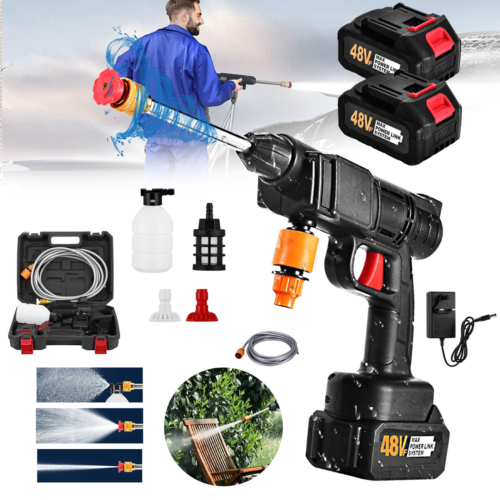 2x Batteries 48VF Pressure Washers Car Washer Gun Cordless Spray Water Cleaner-image