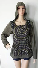 CJ98 COTTON JACKET NEPAL : Handmade Multicolor Long Sleeve Spiral Hooded Coat XL