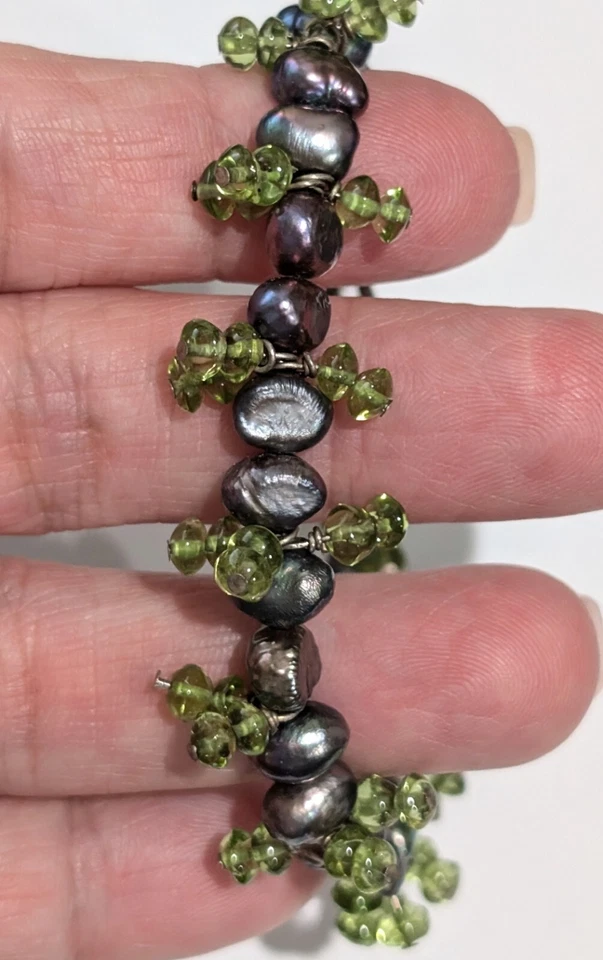 Brazalete De Colección Plata Esterlina Barroco Perla Pavo Real Peridoto Natural 7.75" Palanca Foto 2 de 4