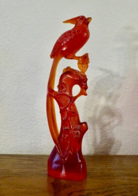 Bakelite Catalin Carved Phoenix Bird of Paradise Statue Translucent Dark Orange