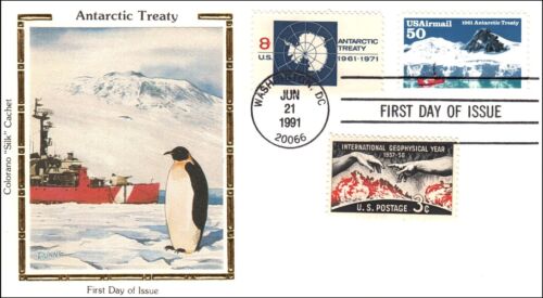 Antarctic Treaty Penguin Polar Camp 1971 US Airmail Colorano Silk FDC Combo 1991 - Picture 1 of 1