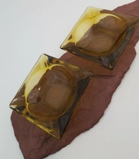 Ashtray 4.75" Square 4 Slots Smoky Gold Tone Glass Set of 2