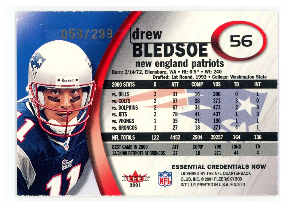 2001 Fleer E-X Essential Credentials /299 Drew Bledsoe #56 New England Patriots - Image 2 of 2