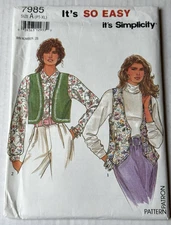 Simplicity Sewing Pattern 7985 Misses Vests Size A Or Sizes PT-XL - Vtg 1992