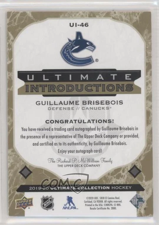2019 Ultimate Collection Introductions Gold Guillaume Brisebois Rookie Auto RC - Image 2 of 2