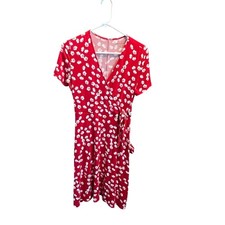 Amazon Essentials Red Floral Print Short Sleeve Wrap Dress - XS