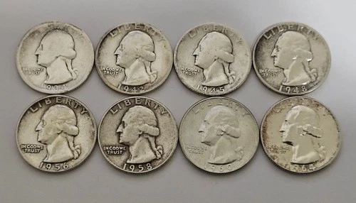 LOT OF 8 RARE PRE-1965 90% SILVER QUARTERS RANGING FROM 1934-1964! AMAZING BUY!