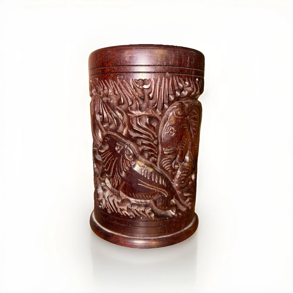 Antigua olla china tallada a mano de madera Bitong figura elefantes Foto 3 de 4