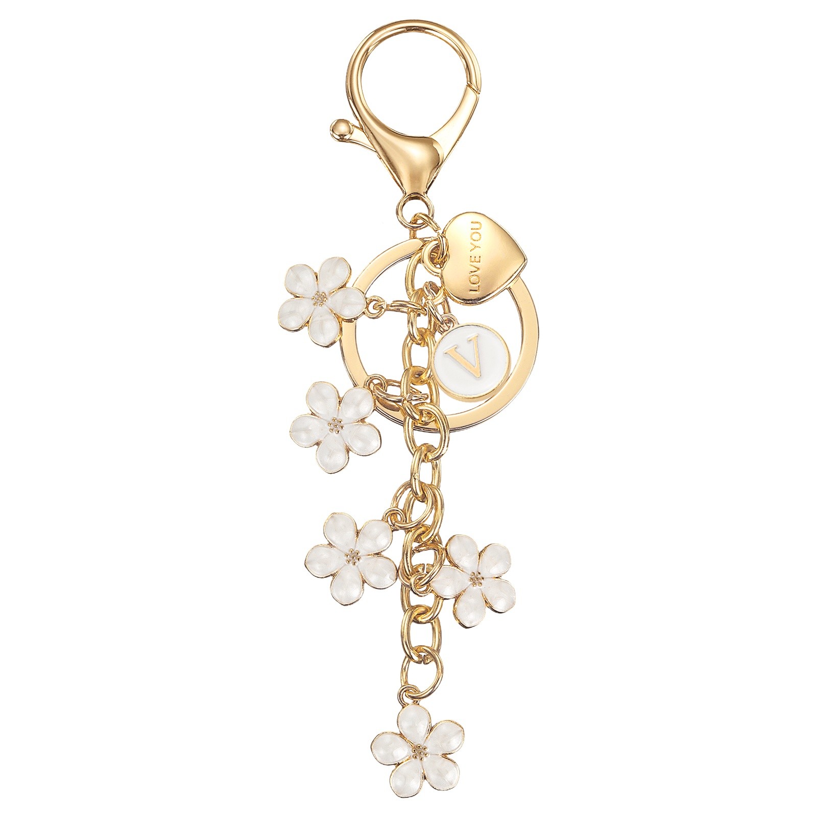 Initial Letter Keychain, Cute Flower Letter-V Keychains for Women Girls White