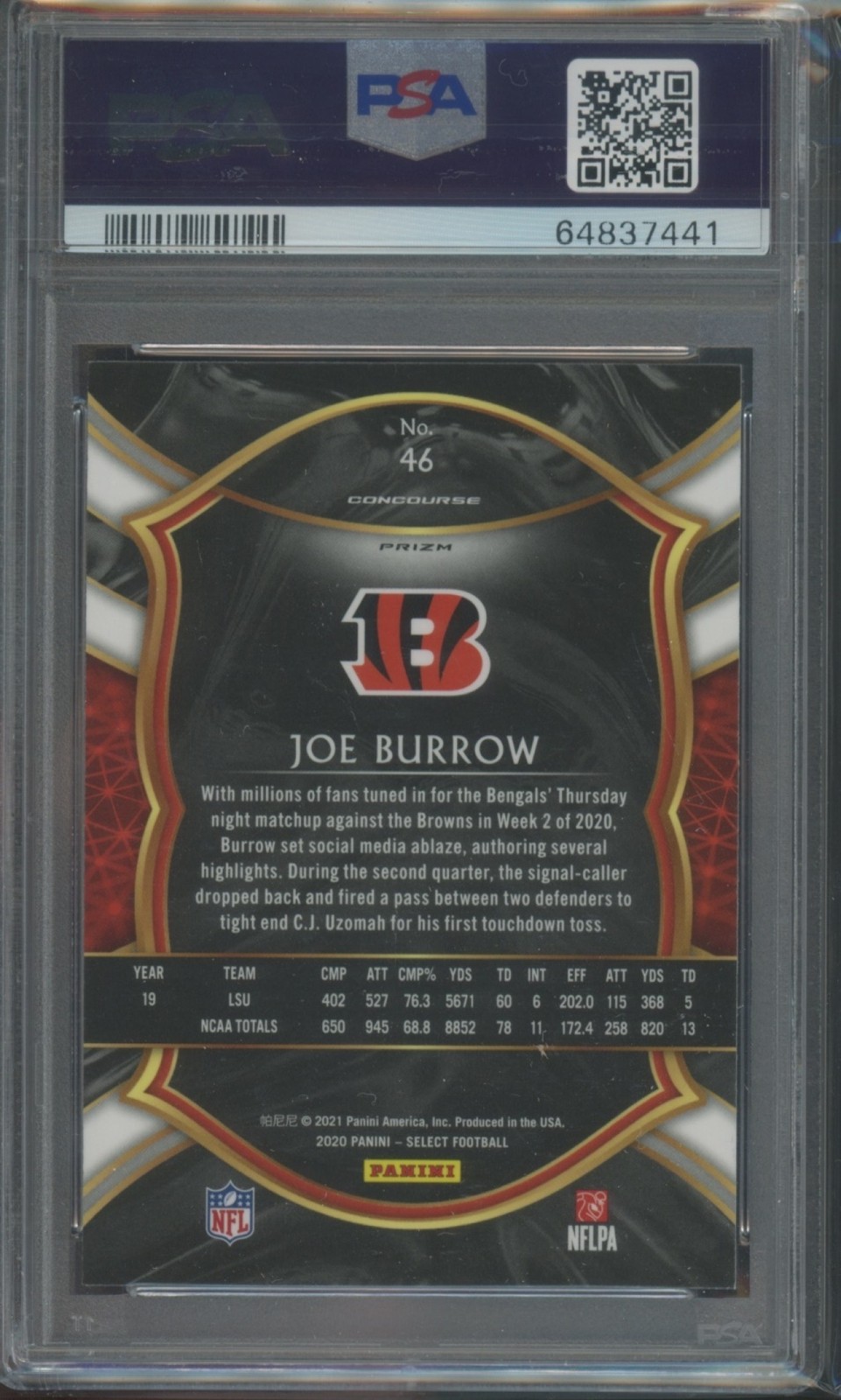2020 Panini Select Football Joe Burrow #46 RC Rookie Concourse Silver PSA 9 view 2