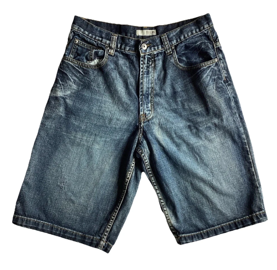 Pantalones Cortos De Colección Route 66 Para Hombres Azul Denim 34 Pantalones Cortos Relajados Envejecidos Años 90 Hip Hop Foto 2 de 4