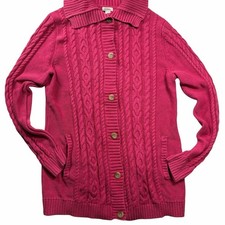 L.L.Bean Women  s Large Cable Knit Cardigan Sweater Pink Cotton Button Front